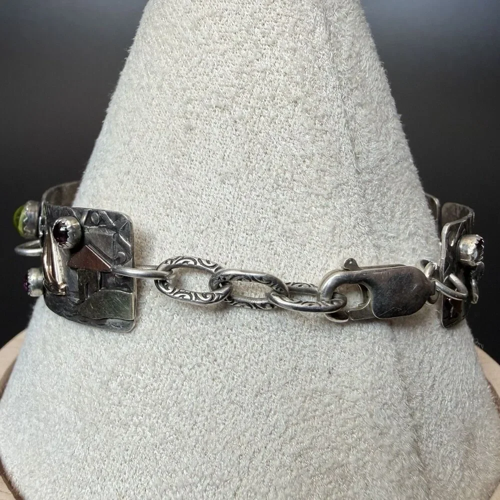 Vintage Handmade Artisan Panel Link Bracelet 925 Sterling Silver 14K Gold & Gems